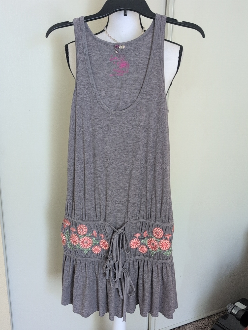 Buffalo David Bitton Gray Tank Dress with Pink Floral Embroidery